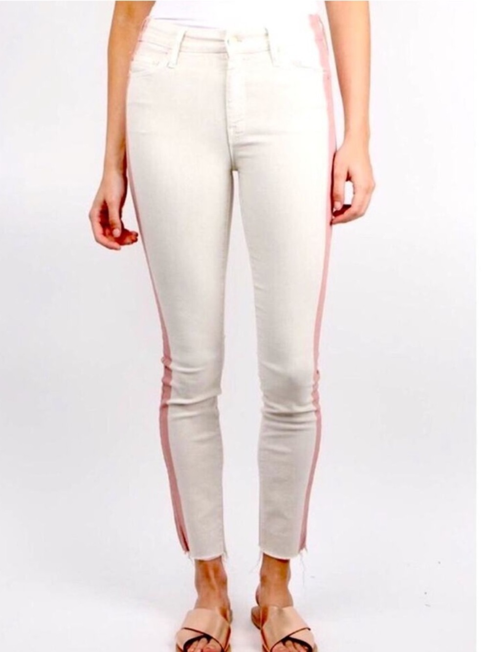 MOTHER | NEW The Looker Ankle Fray So Far Gone Jeans in White Painted Stripe, - Picture 2 of 12